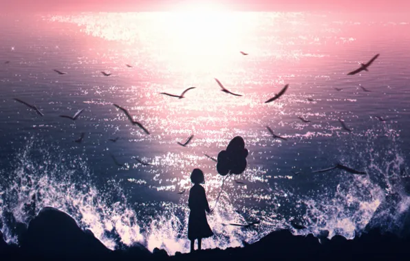 Sea, balls, seagulls, girl