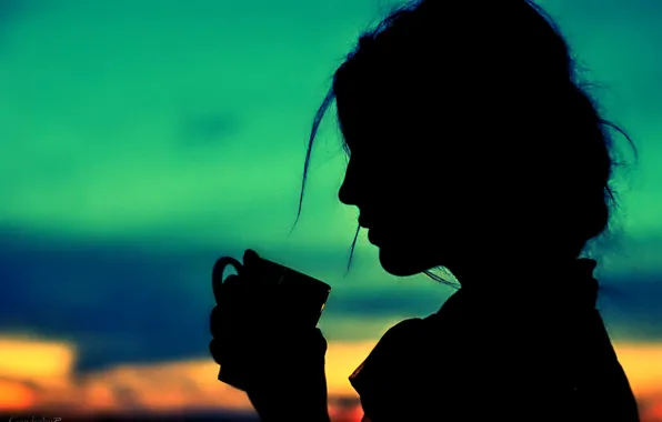 Picture the sky, girl, hair, hand, silhouette, handle, Cup, profile