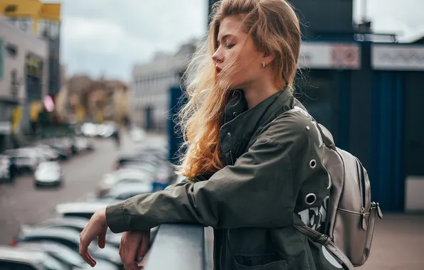 Girl, the city, pose, the wind, street, jacket, blonde, beautiful
