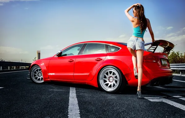 Picture look, Audi, Girls, glasses, Asian, beautiful girl, is above the machine, red car