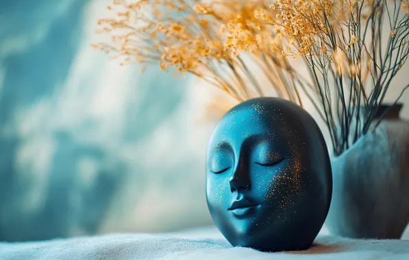 Girl, face, bouquet, vase, figurine, blue background, bokeh, twigs