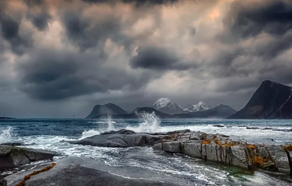 Sea, clouds, mountains, coast, Norway, Norway, The Lofoten Islands, The Norwegian sea