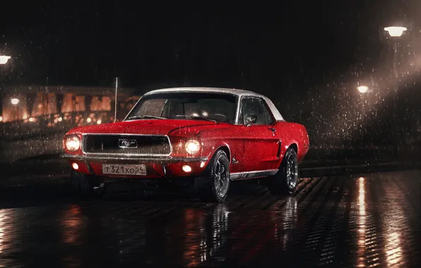 Picture white, red, rain, Mustang, Ford, Parking, 1967, lampposts