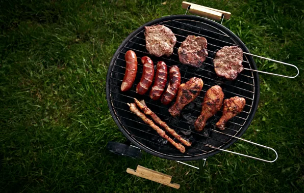 Grass, sausage, chicken, meat, BBQ, steak, grill