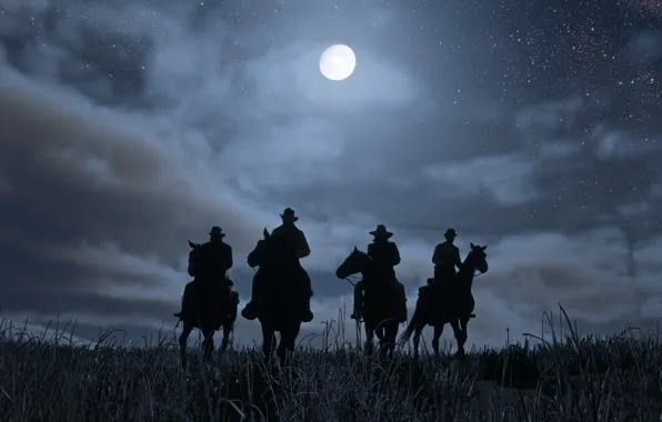 Wallpaper Night, The Moon, Cowboys, Red Dead Redemption 2, Wild.