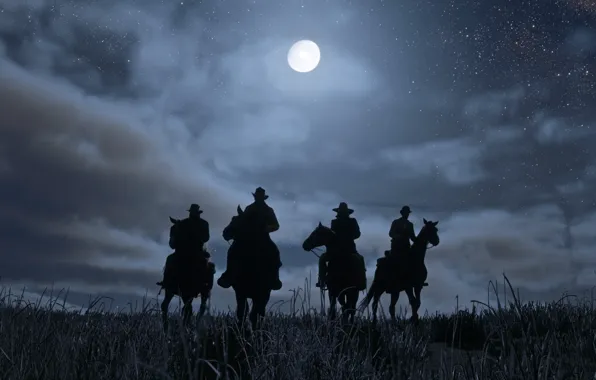 Night, the moon, cowboys, Red Dead Redemption 2, wild West