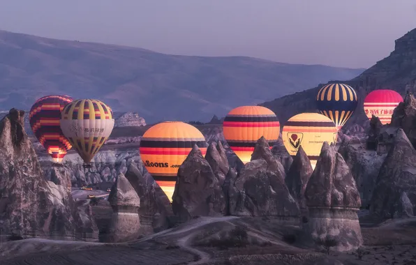 Landscape, mountains, balloons, rocks, dawn, morning, backlight, Turkey