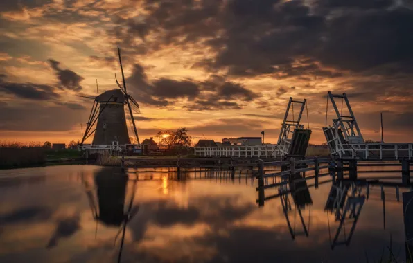 Picture sunset, bridge, river, mill, Antoni Figueras