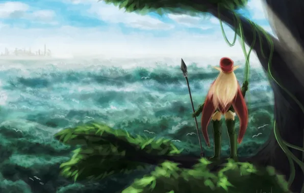 Girl, birds, the city, tree, elf, spear, art, qblade