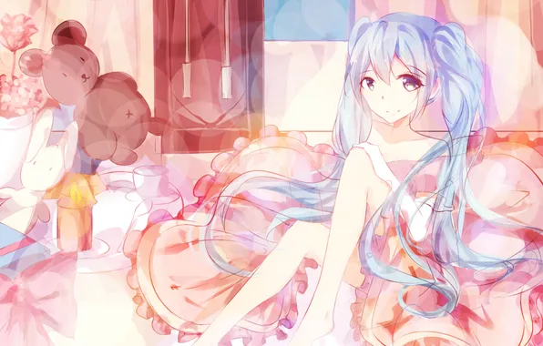 Girl, smile, room, toys, bed, anime, art, vocaloid