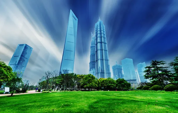 Picture trees, home, China, Light trails in Shanghai, Hong Kong night