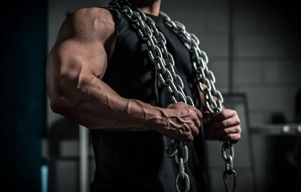 Picture chains, muscular, arms, broad chest