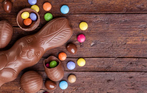 Chocolate, eggs, colorful, rabbit, candy, Easter, wood, chocolate
