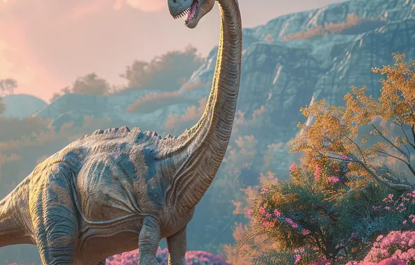 Flowers, Mountains, Trees, Dinosaur, Neck, Animal, Digital art, Ancient animals