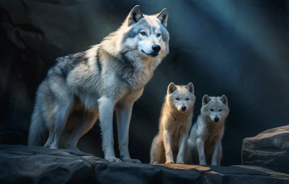 Look, face, rays, light, nature, pose, stones, wolf