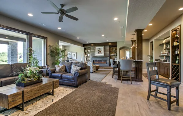 Space, interior, kitchen, fireplace, living room