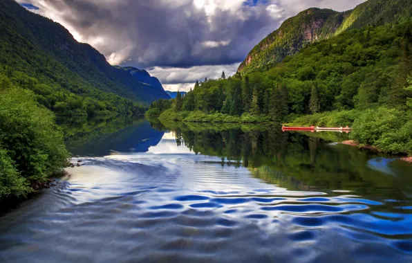 Forest, clouds, trees, mountains, river, boat, Canada, Quebec