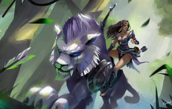 Greens, forest, cat, girl, being, Archer, Jump, art