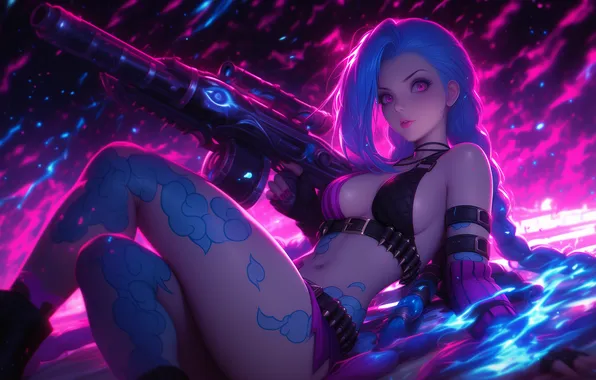 Wallpaper, fire, gun, anime, neon, League of Legends, League of legends, Jinx