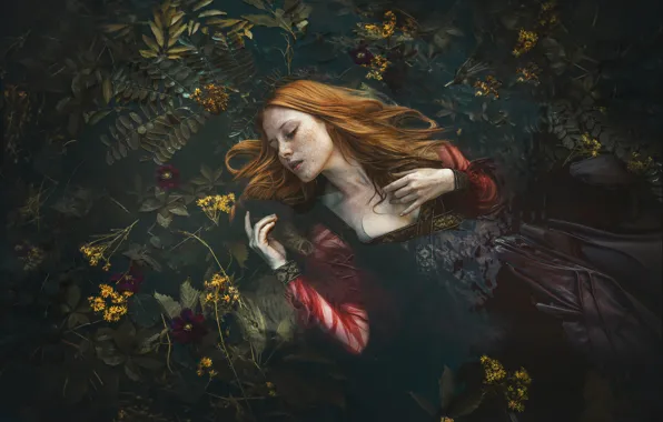 Leaves, water, girl, flowers, branches, nature, face, pose