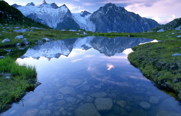 The sky, mountains, lake, stones