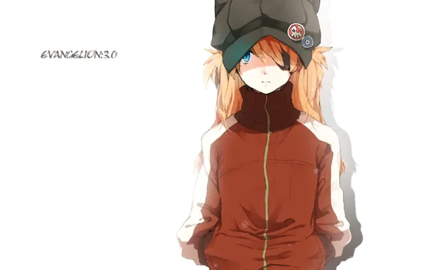 Hat, white background, red, Neon Genesis Evangelion, Asuka Langley Soryu, icons, eye patch, hands in …