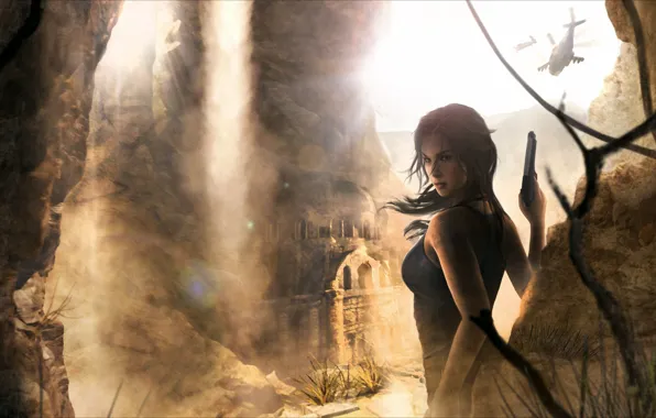 Picture sand, look, girl, helicopters, ruins, lara croft, tomb raider