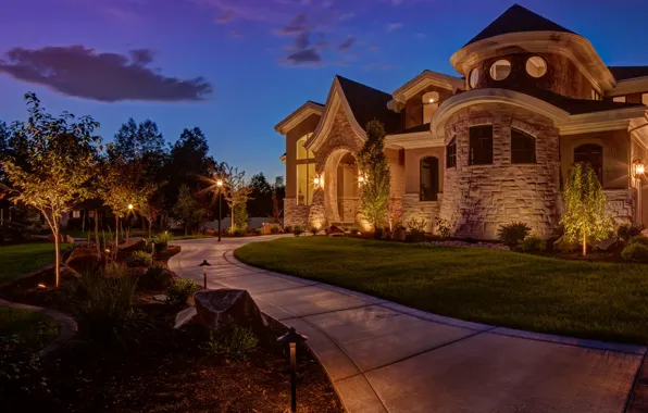 Picture trees, night, lights, house, lawn, lights, track, USA