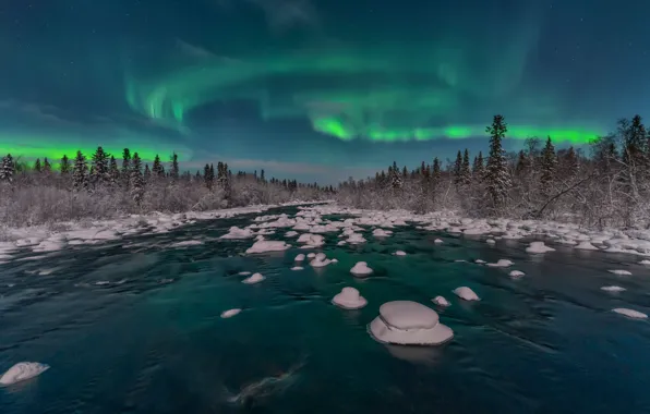 Picture winter, snow, landscape, night, nature, river, Northern lights, forest