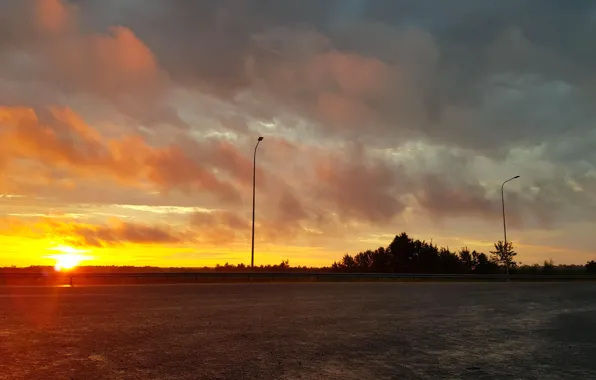 Road, the sky, sunset, clouds, lantern, the asphalt