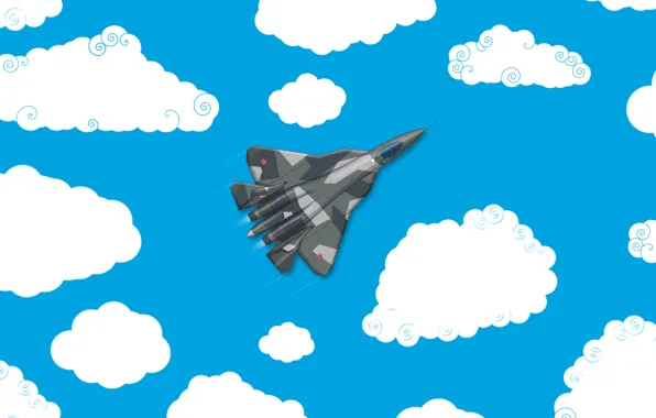 Clouds, Minimalism, The plane, Fighter, Russia, Art, T-50, The view from the top