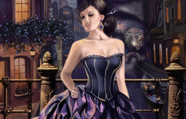 Picture girl, night, the city, river, dress, art, Venice, channel