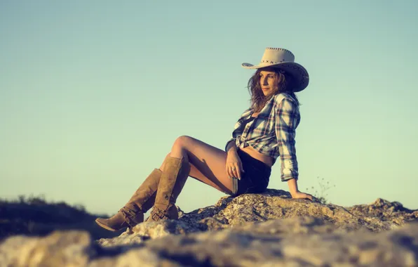 Picture girl, stones, photographer, cute, sitting, Florent Bilen, cowgirl