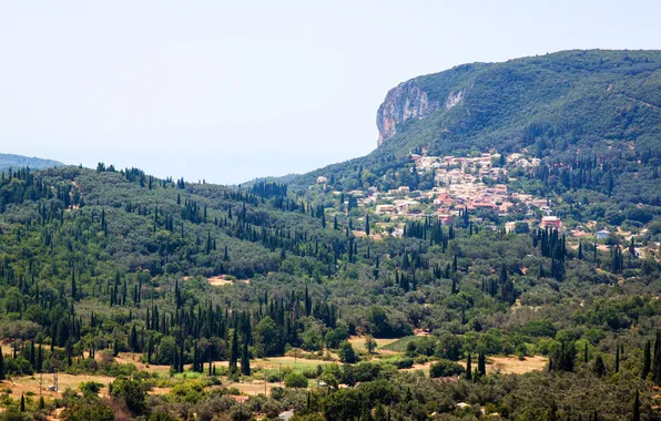 Forest, trees, mountains, rocks, home, Greece, Corfu