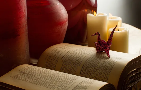 Candles, book, wax, crane, origami, old