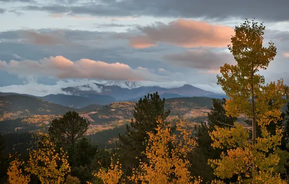 Autumn, clouds, trees, mountains, nature