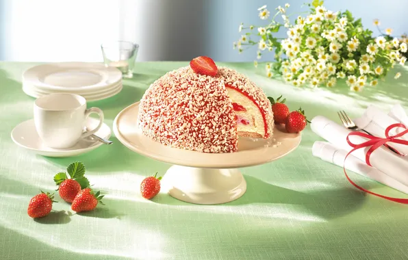 Picture flowers, food, strawberry, sweets, cake, dessert, white chocolate, serving