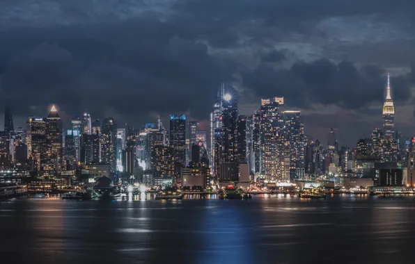 The sky, clouds, light, night, clouds, the city, lights, shore