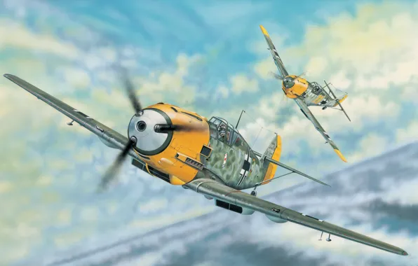 Picture art, painting, aviation, ww2, Messerschmitt Bf 109E-3