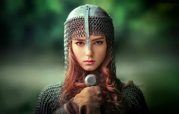 Greens, girl, background, portrait, sword, makeup, hairstyle, helmet