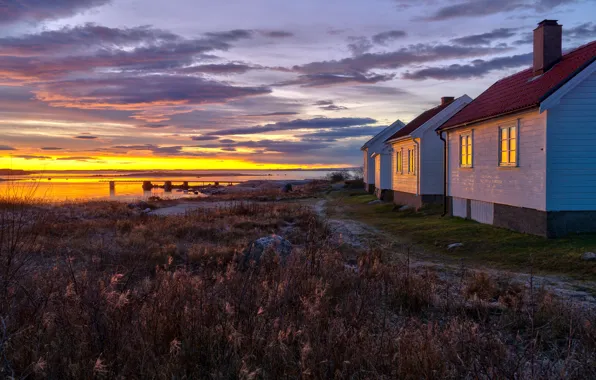 Sunset, coast, the evening, Norway, houses