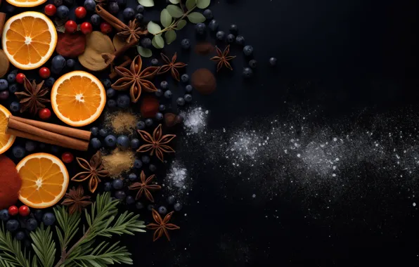 Berries, the dark background, oranges, blueberries, Christmas, New year, cinnamon, citrus