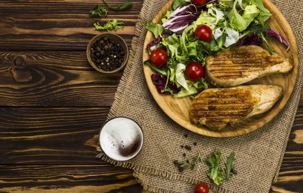 Glass, chicken, meat, wood, beer, grill, salad, chicken