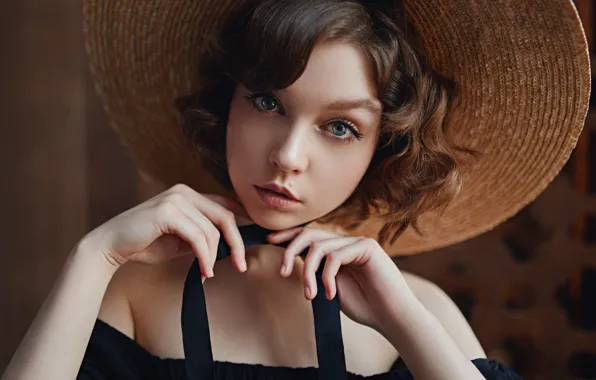 Picture look, girl, face, portrait, hat, hands, beautiful eyes, Olga Pushkina