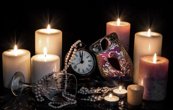 Picture watch, glass, candles, mask