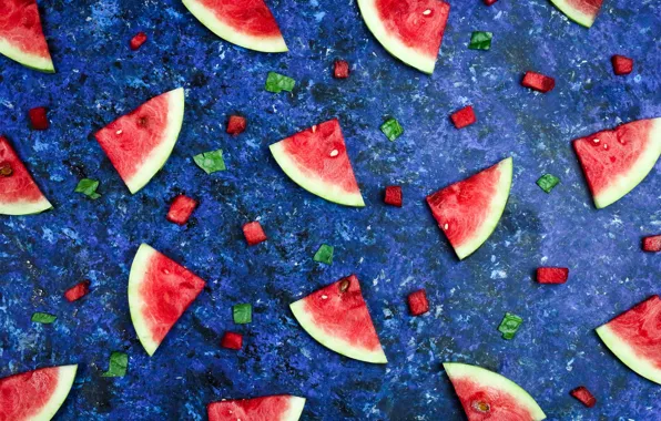 Blue, red, background, color, texture, watermelon, pieces, leaves