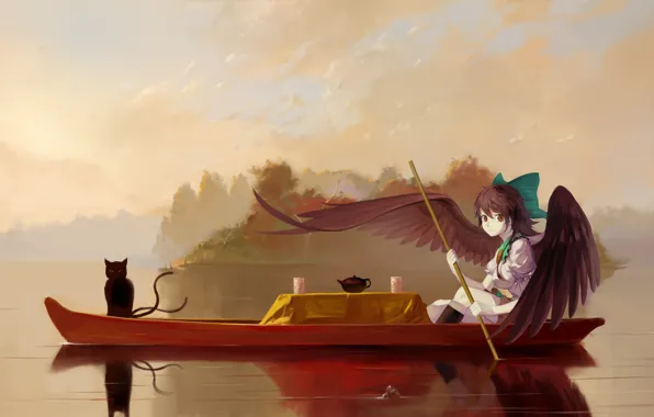 Fog, reflection, boat, the tea party, calm, paddle, two tails, Reiu Equipment, Utsuho