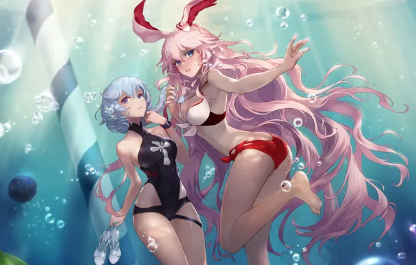 Girl, sexy, ass, cleavage, pink hair, long hair, underwater, boobs