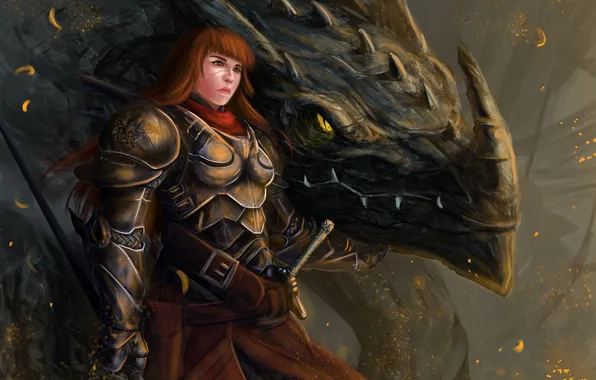Picture girl, dragon, warrior, fantasy, art, red, armor, Peter Balogh