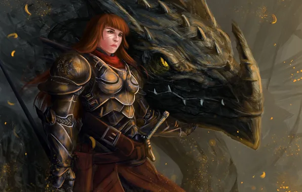 Girl, dragon, warrior, fantasy, art, red, armor, Peter Balogh